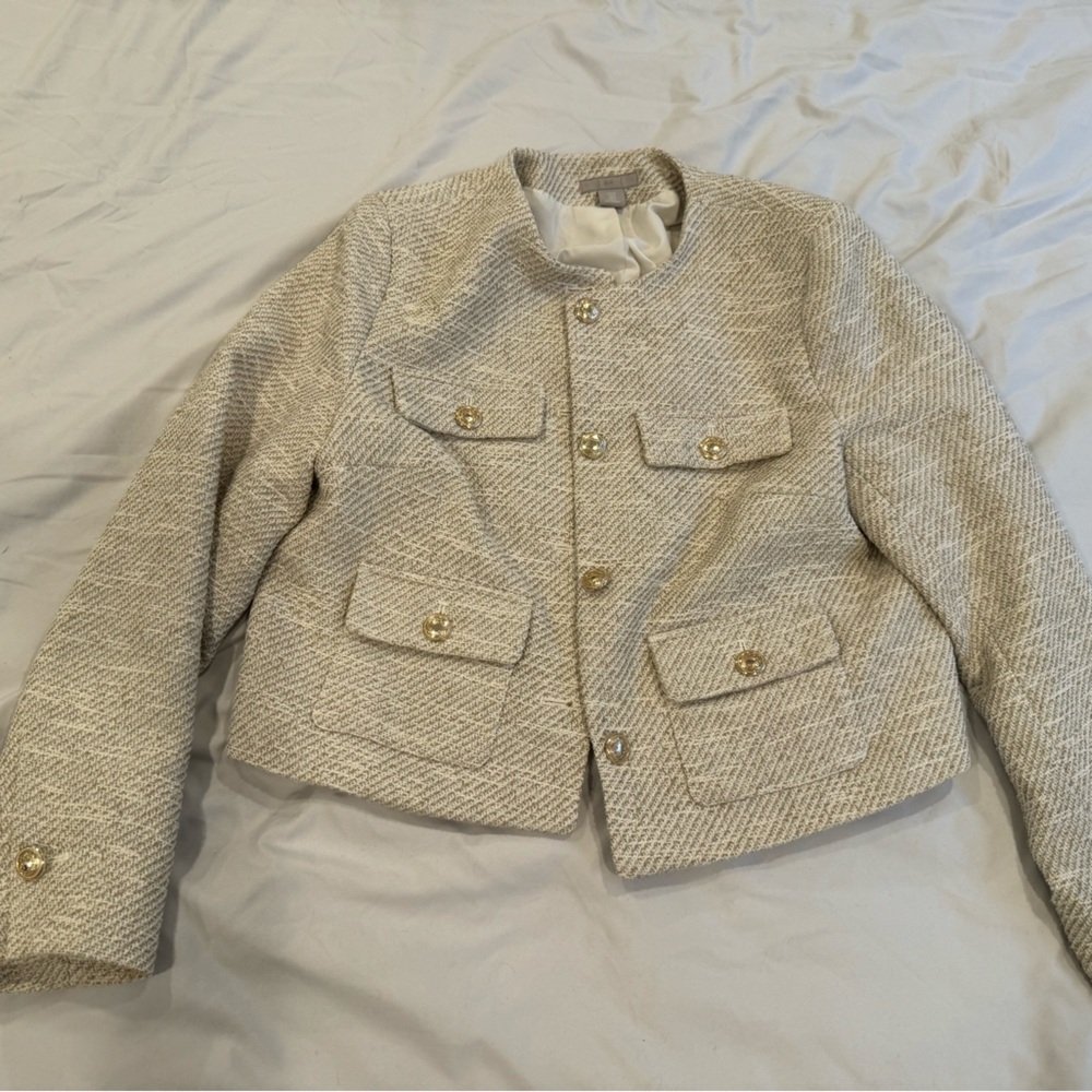 H&M Cream Tweed Short Jacket Crop Blazer with Gold Accents